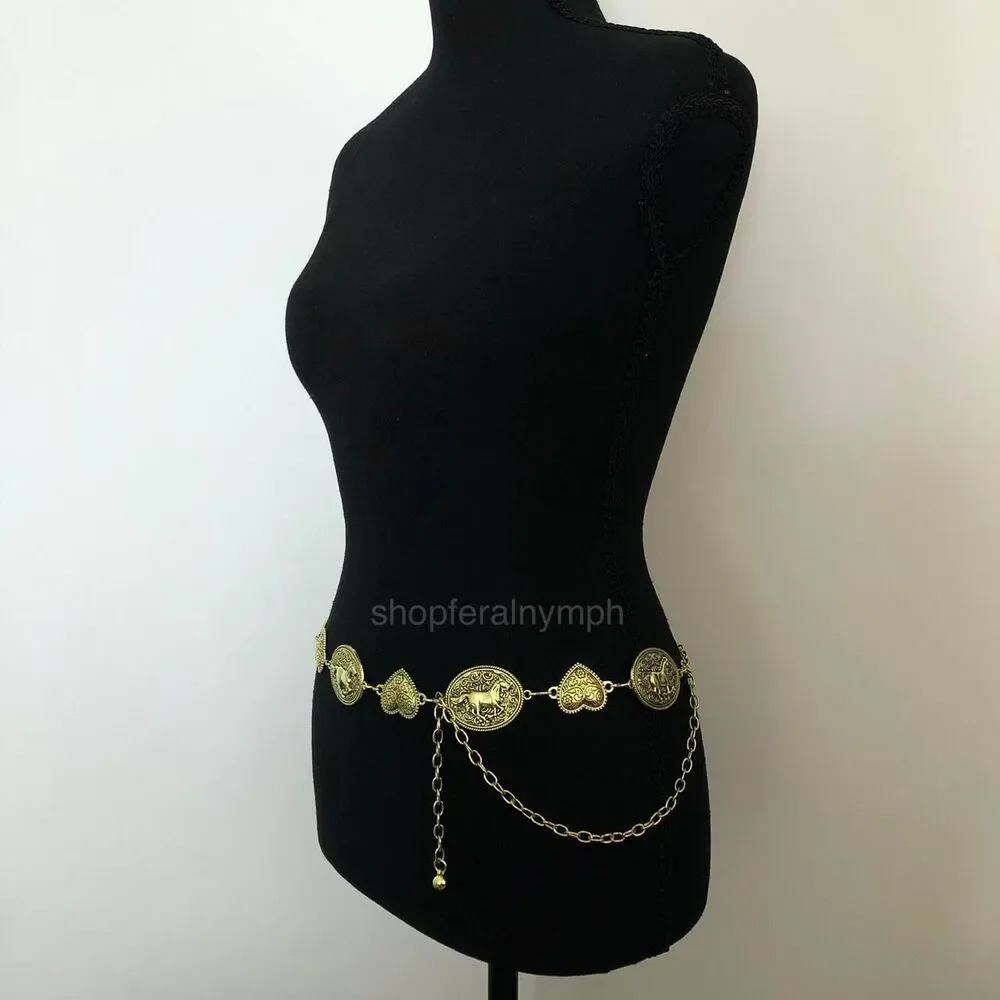 Y2K Boho Gold Horse Heart Medallion Chain Belt, Fits 24–47 Inches, X7GA1175